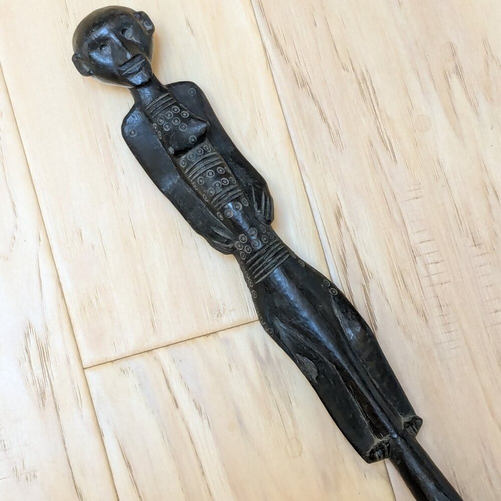 Hand-Carved African Figural Walking Stick Prestige Staff Ebony Wood Tribal Art